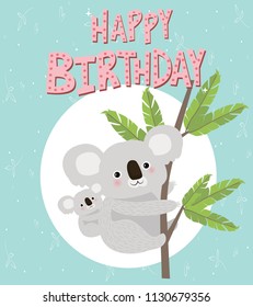 Happy Birthday card with fun koala bears. Editable vector illustration