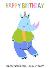 Happy birthday card with fun rhinoceros. Cute rhino with gift box. Children greeting card for print.