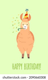 Happy birthday card with funny alpaca. Congratulation from cute llama