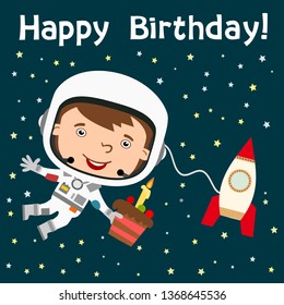 Happy birthday card - funny astronaut flying in space with cake in hand next to rocket
