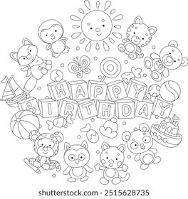 Happy birthday card with funny baby animals, sweets and toy blocks with letters, black and white vector cartoon illustration for a coloring book