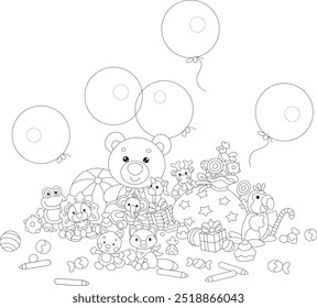 Happy birthday card with funny baby toys, balloons, holiday gifts and sweets, black and white vector cartoon illustration for a coloring book