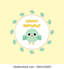 Happy birthday card. Funny bird cartoon. Vector illustration.