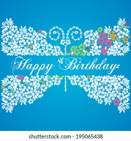 Happy birthday card. Funny butterfly with place for text. Blue and white color. Vector Version 