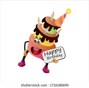 Happy birthday card. Funny cake and balloon friends. Vector illustration. Use for card, poster, banner, web design and print on t-shirt. Easy to edit.