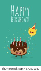 Happy Birthday Card. Funny Cake And Balloon Are Friends. Vector Illustration. Use For Card, Poster, Banner, Web Design And Print On T-shirt. Easy To Edit.