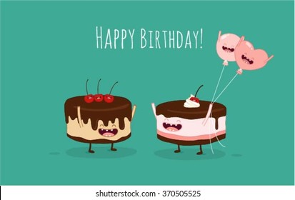 Happy birthday card. Funny birthday cake and balloon friends. Vector illustration. Use for card, poster, banner, web design and print on t-shirt. Easy to edit. Vector illustration.