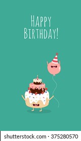 Happy birthday card. Funny birthday cake with pink balloons. Vector illustration. Use for card, poster, banner, web design and print on t-shirt. Easy to edit.