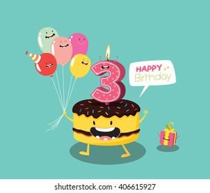 Happy birthday card. Funny cake, number candle and balloon. Vector illustration