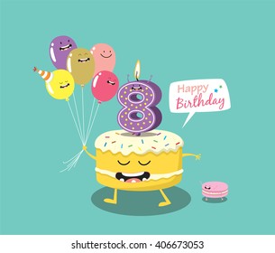 Happy birthday card. Funny cake, number candle and balloon friends. Vector illustration