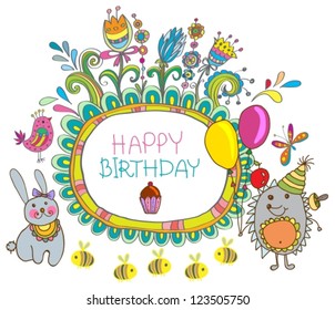 Happy birthday card, funny cartoon set with hedgehog and hare, vector