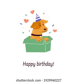 Happy birthday card with funny cartoon dog in a party hat. Banner, card or poster template, baby birthday invitation, cute puppy print for clothes. 
