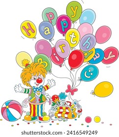 Happy birthday card with a funny circus clown, colorful balloons, a striped ball and a magical traveling bag with different things for merry tricks, vector cartoon illustration on white