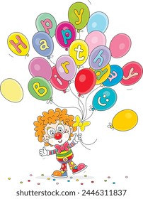 Happy birthday card with a funny circus clown and colorful holiday balloons, vector cartoon illustration on white