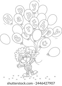 Happy birthday card with a funny circus clown and holiday balloons with letters, black and white vector cartoon illustration for a coloring book