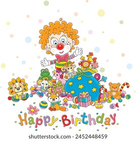 Happy birthday card with a funny circus clown and a pile of colorful gifts and sweets for a merry holiday, vector cartoon illustration on a white background