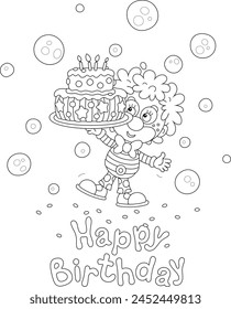 Happy birthday card with a funny circus clown and a sweet holiday cake with candles among soap bubbles flying around, black and white vector illustration for a coloring book