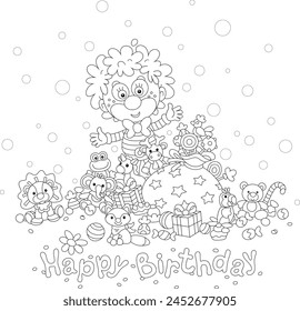 Happy birthday card with a funny circus clown and a pile of gifts and sweets for a merry holiday, black and white vector illustration for a coloring book