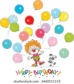 Happy birthday card with a funny circus clown and his merry little puppy releasing colorful balloons into the air at a holiday party, vector cartoon illustration on a white background