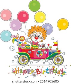 Happy birthday card with a funny circus clown friendly smiling and waving in greeting in his toy retro car with sweets, gifts and colorful holiday balloons, vector cartoon illustration on white