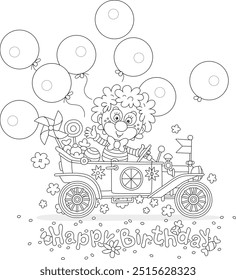 Happy birthday card with a funny circus clown friendly smiling and waving in greeting in his toy retro car with sweets, gifts and holiday balloons, black and white vector cartoon illustration