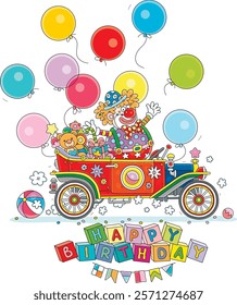 Happy birthday card with a funny circus clown in a colorful retro car full of holiday gifts and sweets for little kids, surrounded by holiday balloons, vector cartoon illustration on white