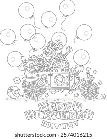 Happy birthday card with a funny circus clown in a retro car full of holiday gifts and sweets for little kids, surrounded by holiday balloons, black and white vector cartoon illustration