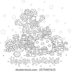 Happy birthday card with a funny circus clown and a bag of holiday gifts, sweets and funny toys for a merry and noisy holiday, black and white vector cartoon illustration