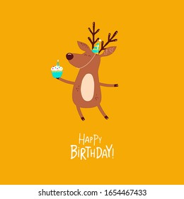 Happy Birthday card. Funny deer with a cake and on the yellow background. Vector illustration. Use for card, stickers, web design and print on t-shirt.