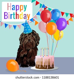 Happy birthday card with funny dog, cake, colorful balloons. Vector illustration