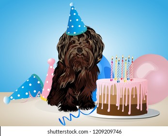 Happy birthday card with funny dog, cake, colorful balloons. Vector illustration