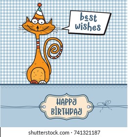 happy birthday card  with funny doodle cat, vector format