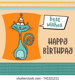 happy birthday card  with funny doodle cat, vector format