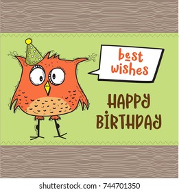 happy birthday card  with funny doodle bird, vector format