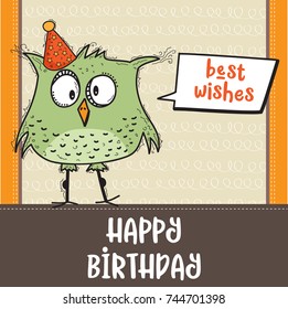 happy birthday card  with funny doodle bird, vector format