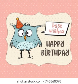 happy birthday card  with funny doodle bird, vector format
