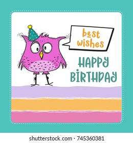 happy birthday card  with funny doodle bird, vector format