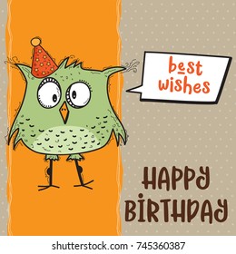 happy birthday card  with funny doodle bird, vector format