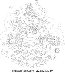 Happy birthday card with a funny fire-breathing dragon and its holiday gifts, sweets and toys, black and white outline vector cartoon illustration