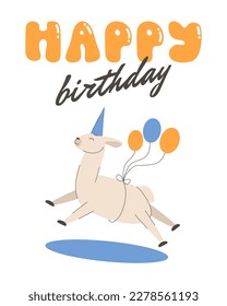 Happy birthday card with funny flying lama, alpaca. Llama with baloons and groovy happy birthday script. Vector illustration.