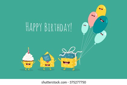 Happy birthday card. Funny birthday gift with balloons and cupcake with invitation envelope. Vector illustration.