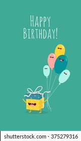 Happy birthday card. Funny birthday gift with color balloons. Vector illustration. Use for card, poster, banner, web design and print on t-shirt. Easy to edit.