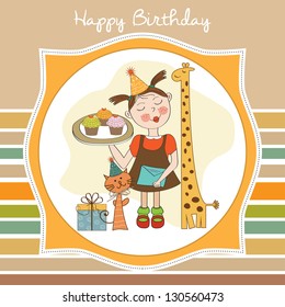 Happy Birthday card with funny girl, animals and cupcakes, vector illustration