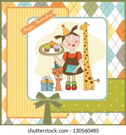 Happy Birthday card with funny girl, animals and cupcakes, vector illustration