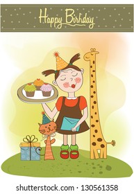 Happy Birthday card with funny girl, animals and cupcakes, vector illustration