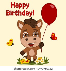 Happy birthday card - funny little horse with red balloon and text
