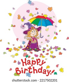 Happy birthday card with a funny little witch and a striped toy umbrella under falling and swirling colorful autumn leaves, vector cartoon illustration isolated on a white background