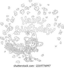 Happy birthday card with a funny little witch flying on her magic broom through falling and swirling autumn leaves, black and white outline vector cartoon for a coloring book