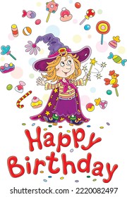 Happy birthday card with a funny little witch waving her magic wand and conjuring funny tricks with flying colorful sweets, vector cartoon illustration isolated on a white background