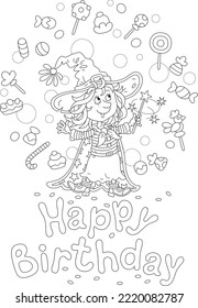 Happy birthday card with a funny little witch waving her magic wand and conjuring funny tricks with flying sweets, black and white outline vector cartoon illustration